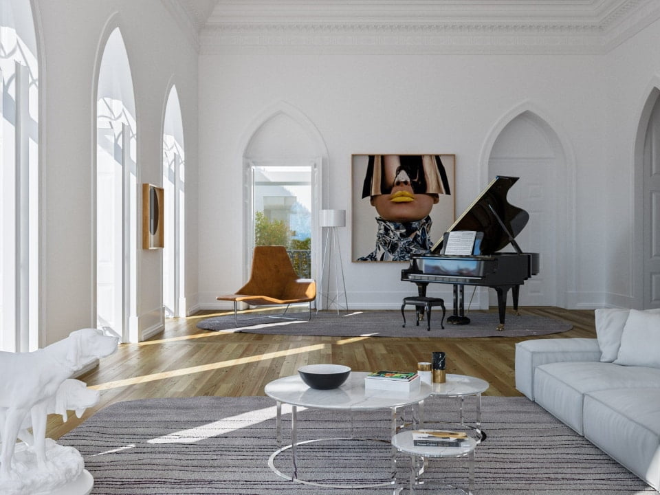 Spacious modern living room with piano and artwork.