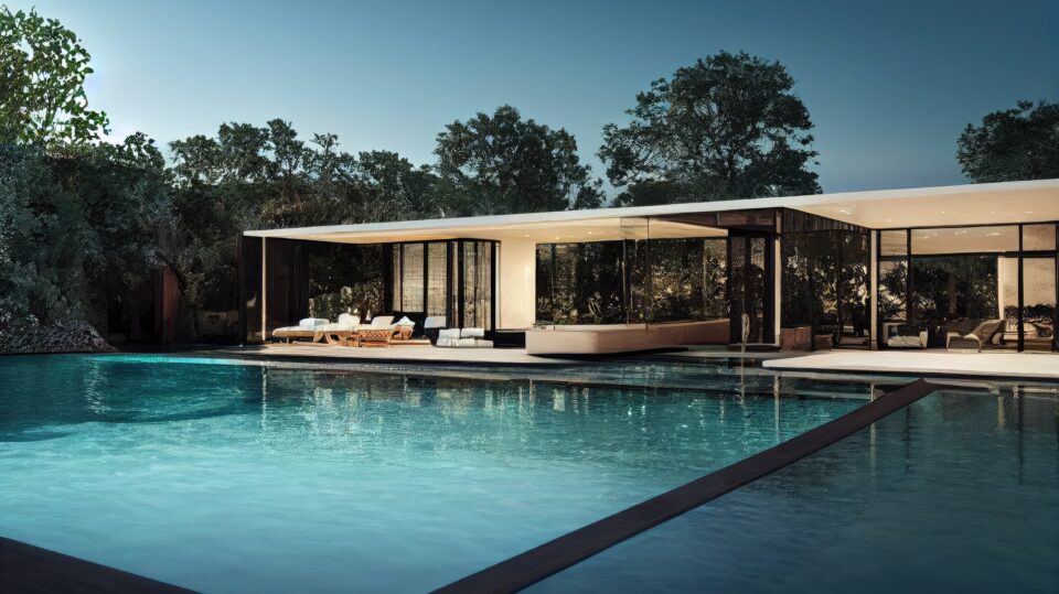 Luxury modern villa by a serene swimming pool