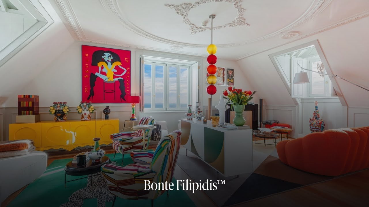 Vibrant modern living room with artistic decor elements.