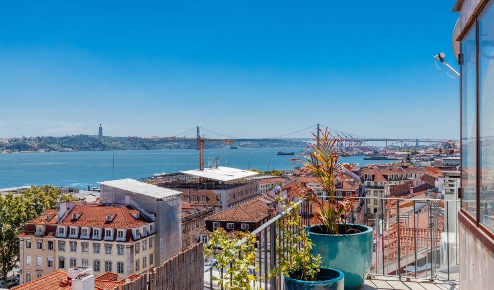 Panoramic view of Lisbon with the river and bridge.
