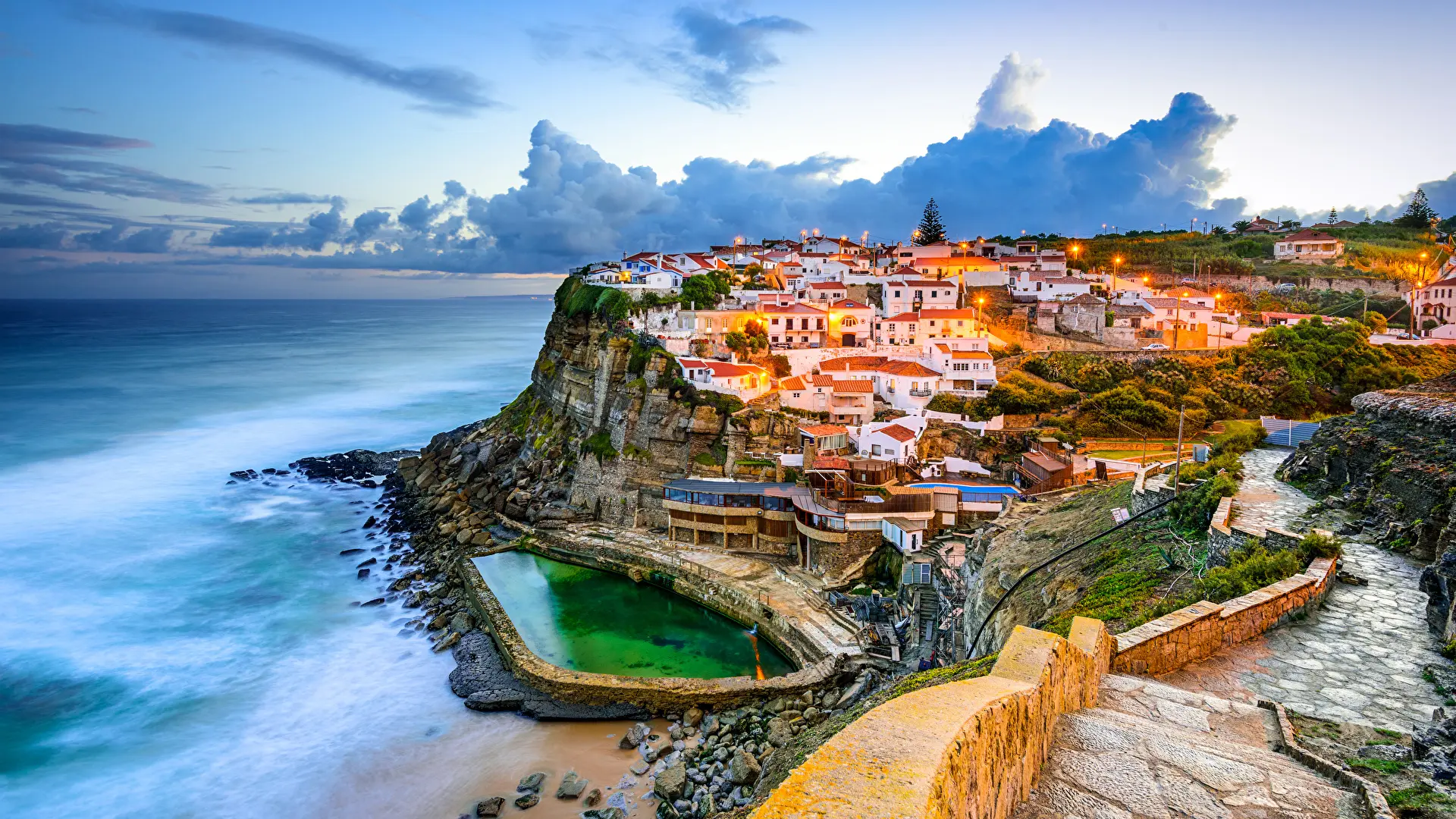 portugal coast houses evening azenhas do mar 524261 1920x1080
