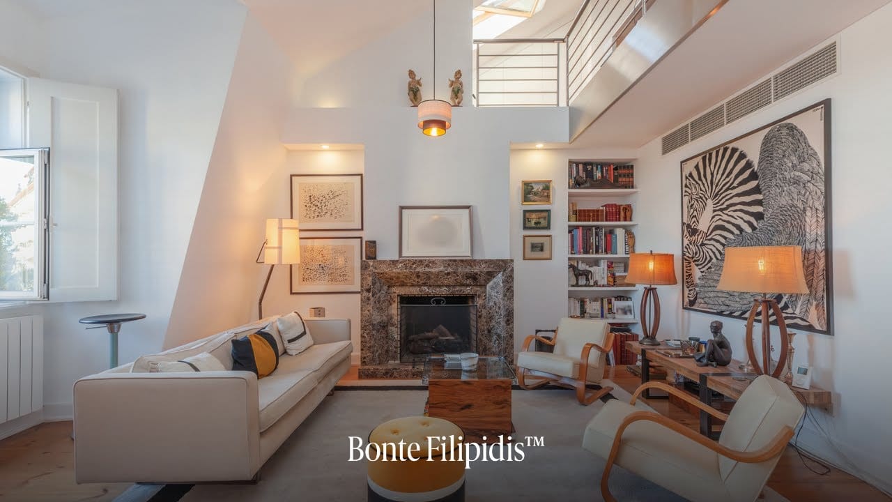 Modern living room with artistic decor and light.