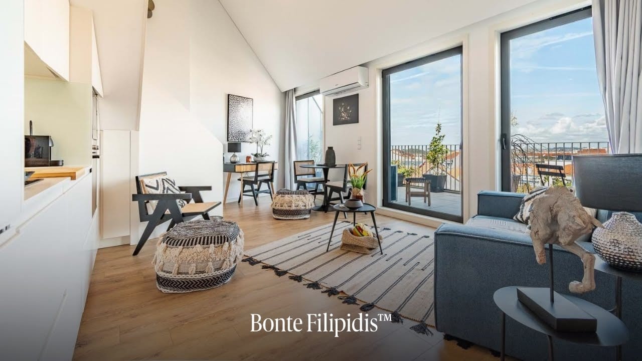 Modern living room with large windows and furniture