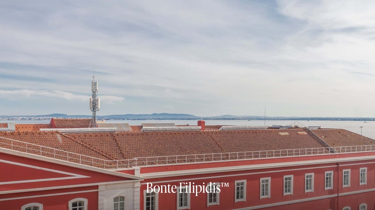 Panoramic view of rooftops and sea.