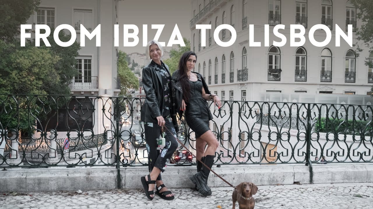 Two women posing with a dog in Lisbon