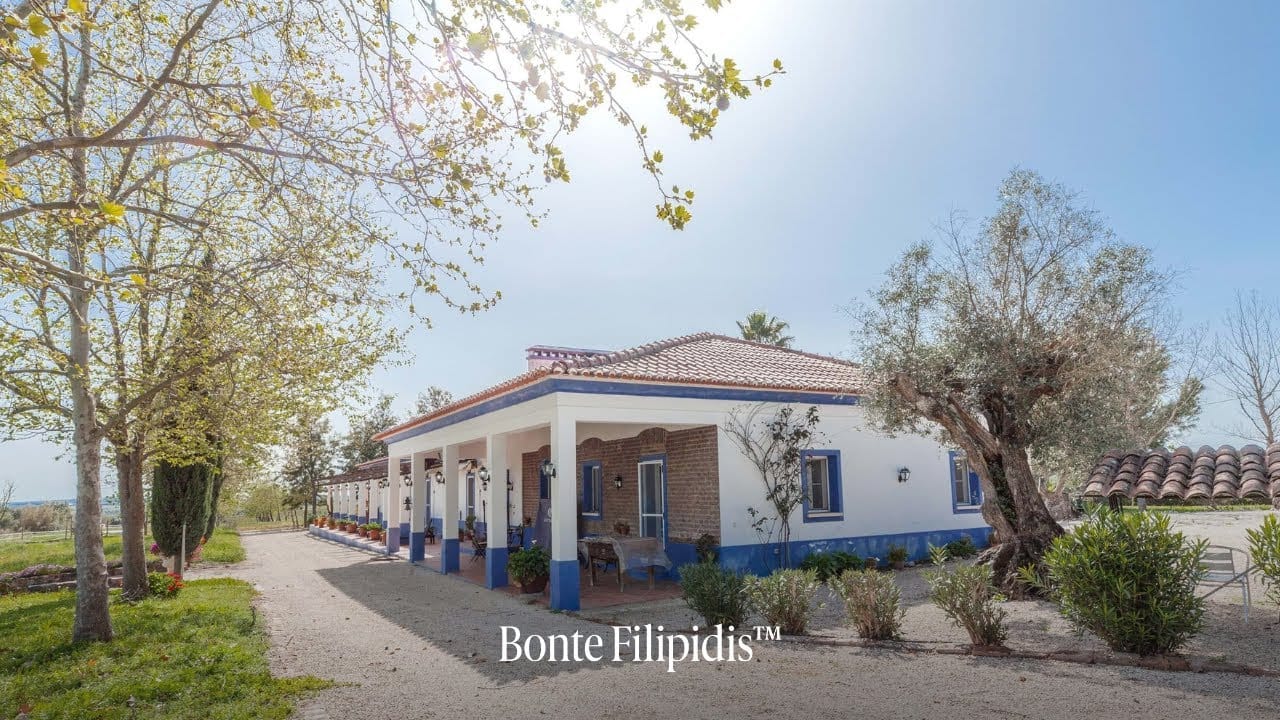Charming white house surrounded by greenery and trees.